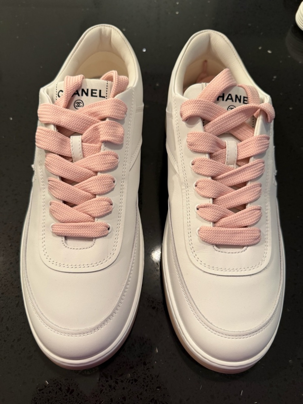 CHANEL White Leather Sneakers with Pink Laces